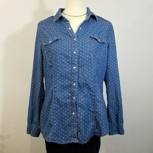 Polka dot chambray button down shirt